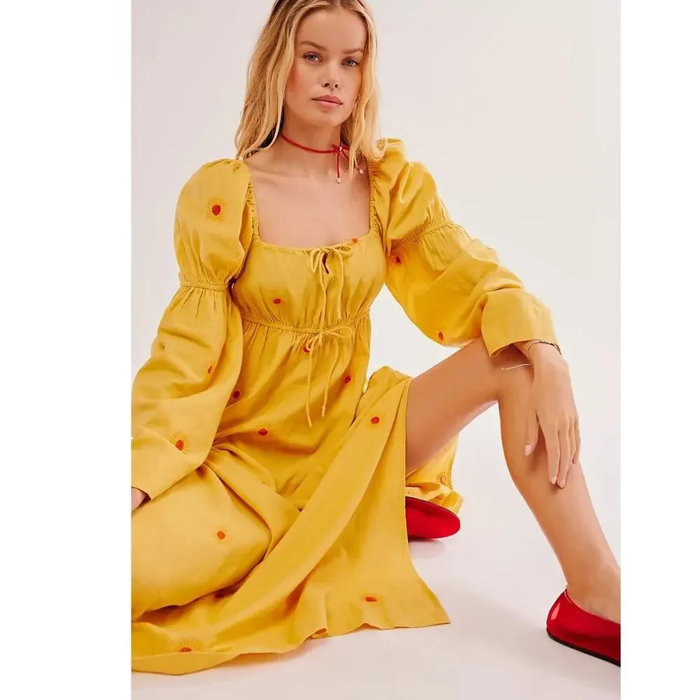 NWT Free People Emory Embroidered Midi Dress $168 SMALL Yellow